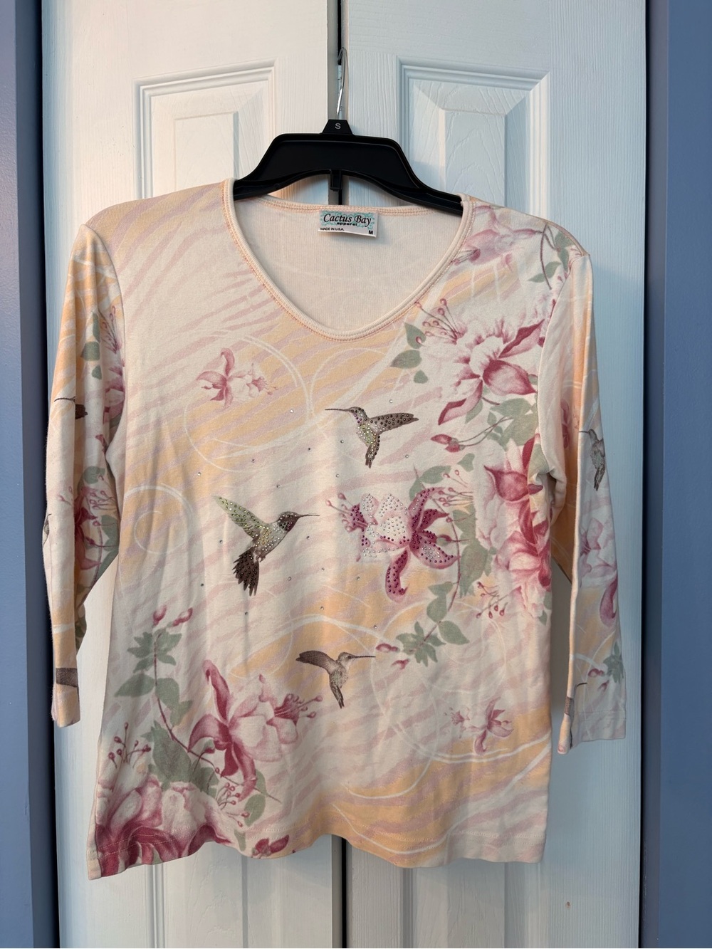 Cactus Cream Pastel Floral & Hummingbird Long Sleeve Top